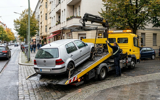 Abschleppdienst bei der Verladung eines silbernen PKWs, der falsch geparkt hatte.