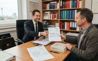 Ein Rechtsanwalt sitzt an einem Schreibtisch und übergibt ein Protokoll an seinen Klienten.