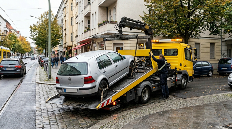Abschleppdienst bei der Verladung eines silbernen PKWs, der falsch geparkt hatte.