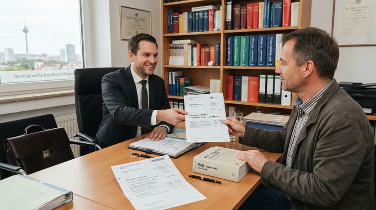 Ein Rechtsanwalt sitzt an einem Schreibtisch und übergibt ein Protokoll an seinen Klienten.
