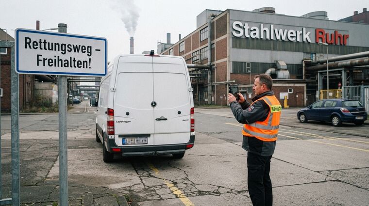 Ein weißer Sprinter steht auf einer Straße neben einem Schild mit der Aufschrift "Rettungsweg freihalten"