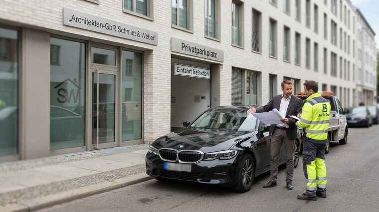 Ein Architekt im Anzug steht neben einem Mitarbeiter eines Abschleppdiensts und zeigt auf ein Auto, das eine Einfahrt blockiert.